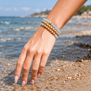 Aquamarine and Rosewood set of 3 bracelets worn on a female wrist