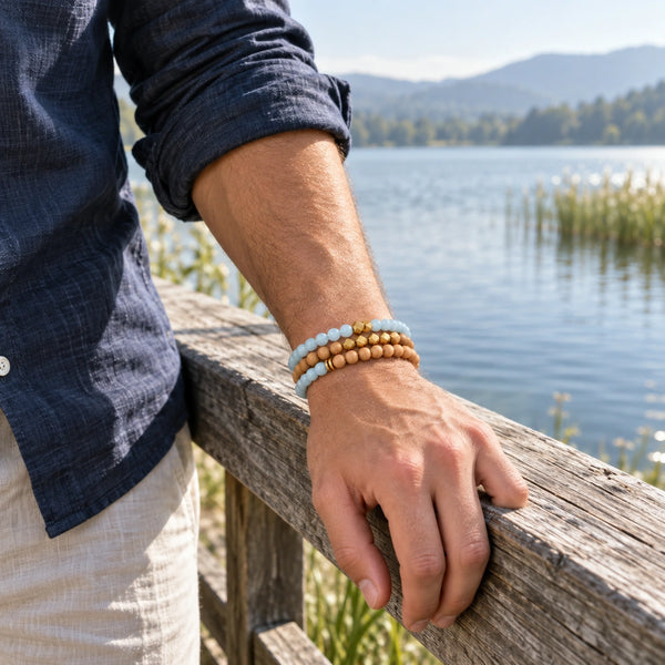 Aquamarine and Rosewood set of 3 bracelets worn on a male wrist