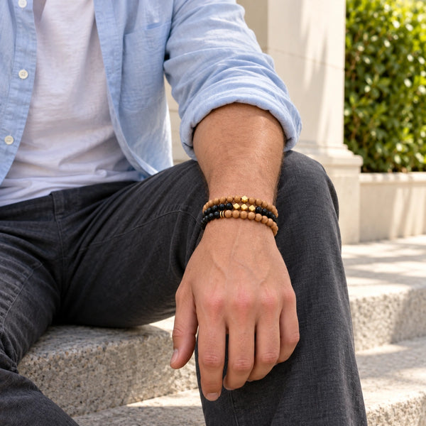 Black Onyx and Rosewood set of 3 bracelets worn on a male wrist