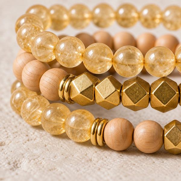 Macro close-up of Citrine beads, rosewood and gold-tone accents