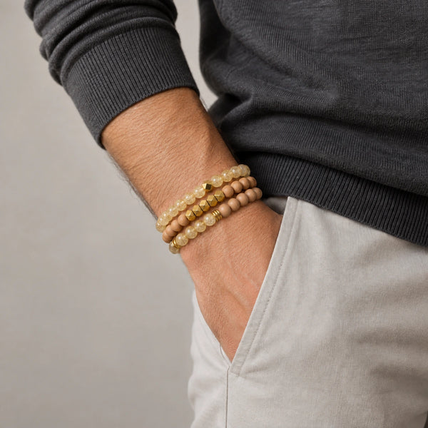 Citrine and Rosewood set of 3 bracelets worn on a male wrist