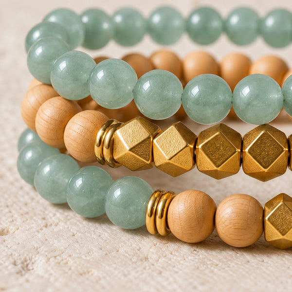 Macro close-up of Green Aventurine beads, rosewood and gold-tone accents
