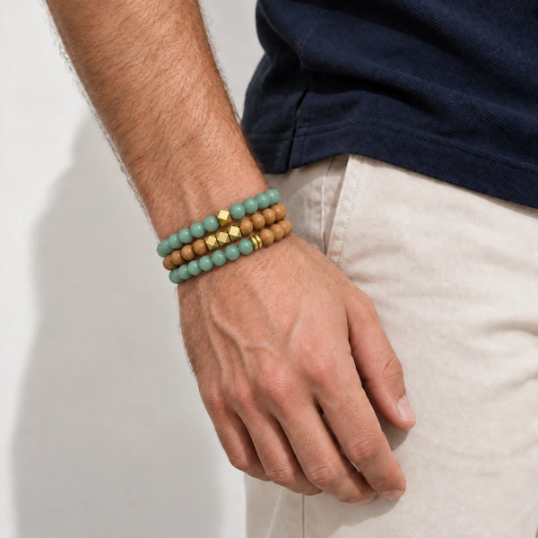 Green Aventurine and Rosewood set of 3 bracelets worn on a male wrist
