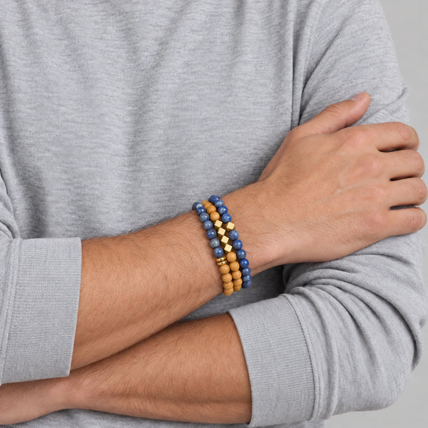 Lapis Lazuli and Rosewood set of 3 bracelets worn on a male wrist