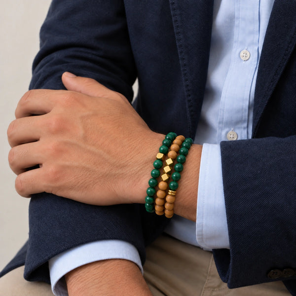 Malachite and Rosewood set of 3 bracelets worn on a male wrist