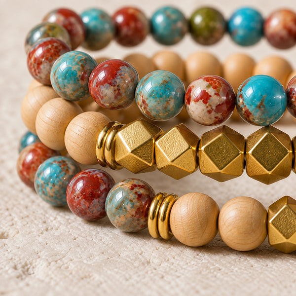 Macro close-up of Multi Imperial Jasper beads, rosewood and gold-tone accents