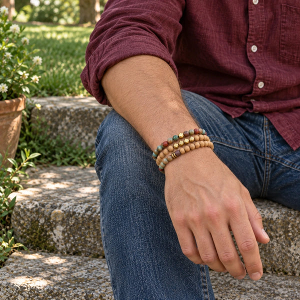 Multi Imperial Jasper and Rosewood set of 3 bracelets worn on a male wrist