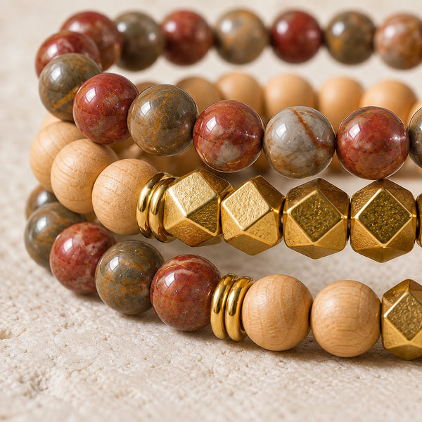 Macro close-up of Picasso Jasper beads, rosewood and gold-tone accents