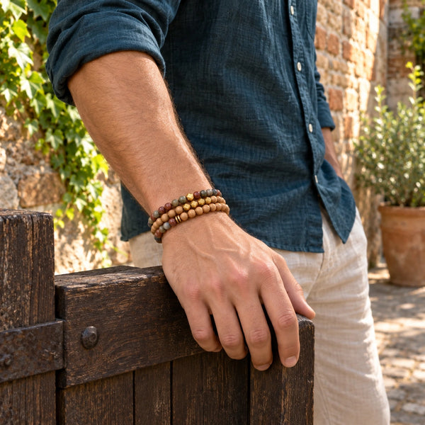 Picasso Jasper and Rosewood set of 3 bracelets worn on a male wrist