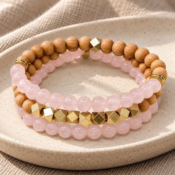 Rose Quartz & Rosewood Crystal Bracelet Stack - Set of 3