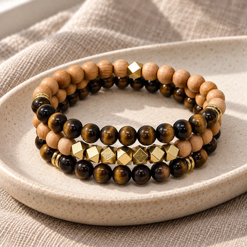 Tiger Eye & Rosewood Crystal Bracelet Stack - Set of 3