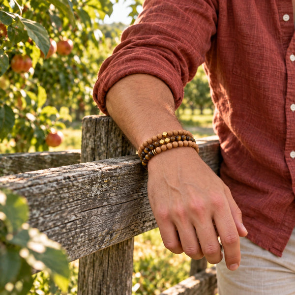 Tiger Eye and Rosewood set of 3 bracelets worn on a male wrist
