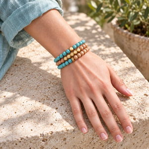 Turquoise and Rosewood set of 3 bracelets worn on a female wrist