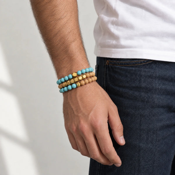 Turquoise and Rosewood set of 3 bracelets worn on a male wrist