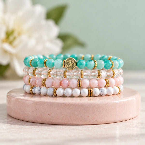 Soultheory Stress 4 mm bracelet stack with Pink Opal, Amazonite - hero product photograph