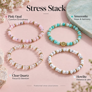 Soultheory Stress 4 mm bracelet stack with Pink Opal, Amazonite - stone benefits with colour markers