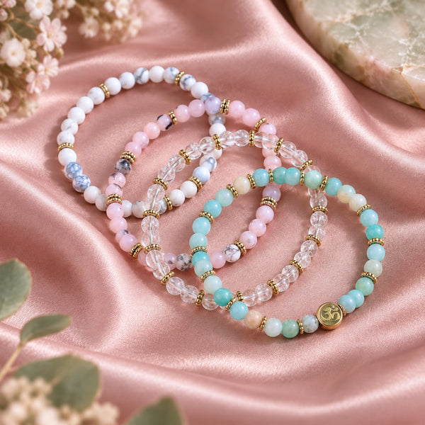 Soultheory Stress 4 mm bracelet stack with Pink Opal, Amazonite - fabric styling photograph