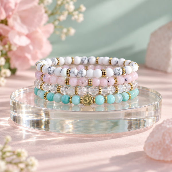 Soultheory Stress 4 mm bracelet stack with Pink Opal, Amazonite - editorial product photograph