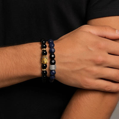Supreme protection stack combo with black Buddha, lapis lazuli and obsidian bracelets on wrist - Soultheory India