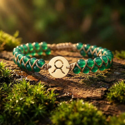 Taurus zodiac energy stone bracelet with gold sign charm and green aventurine beads for stability - Soultheory India