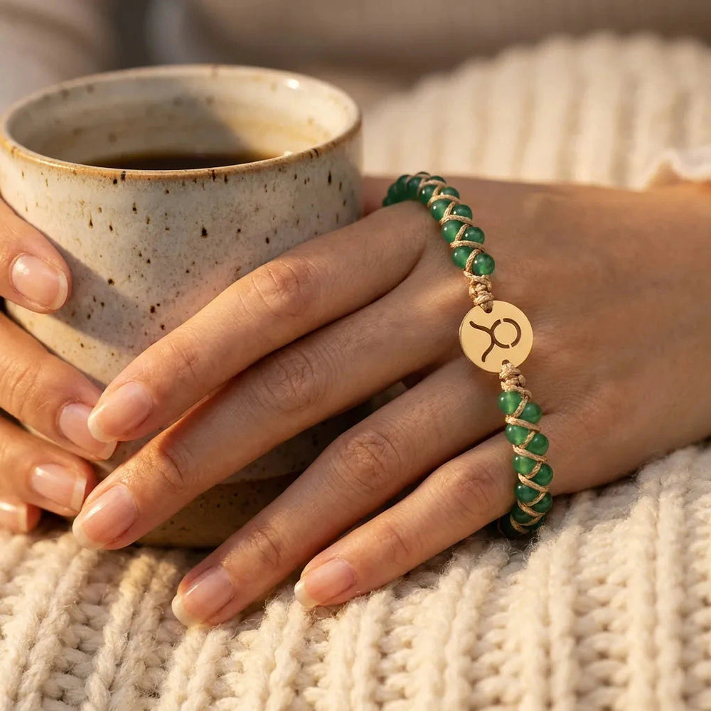 Taurus zodiac energy stone bracelet with gold sign charm and green aventurine beads for stability - Soultheory India