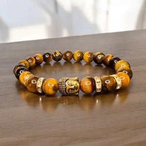 Tiger eye bracelet with gold Buddha bead and crystal spacers for confidence and success