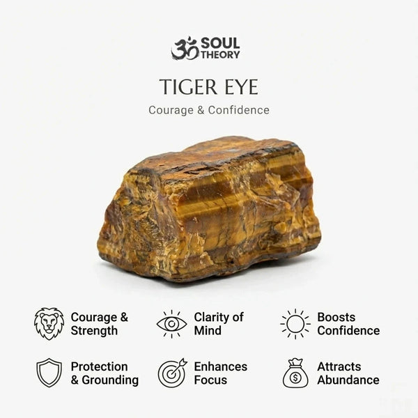 Infographic showing tiger eye bracelet benefits like courage, confidence, focus and grounding