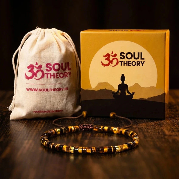 Tiger eye bracelet displayed with the Soultheory gift box and handmade cotton pouch