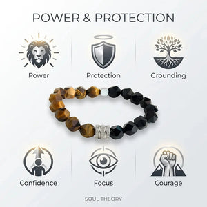 Tiger eye and obsidian bracelet benefits chart showing power, protection, grounding and confidence