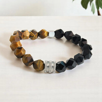 Natural tiger eye and obsidian bracelet with faceted beads for power and protection - Soultheory India