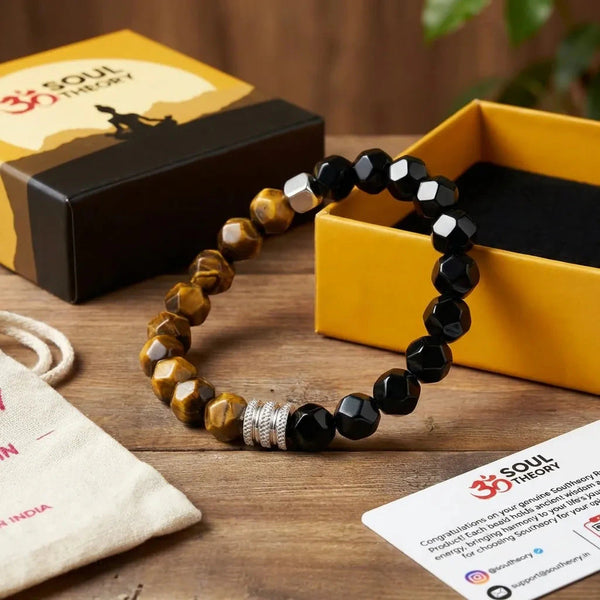 Tiger eye and obsidian bracelet presented with premium gift box, pouch and thank-you card