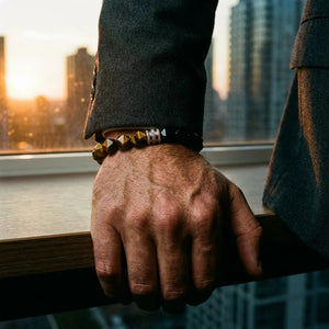 Tiger eye and obsidian bracelet styled on a man's wrist at sunset for grounding and courage