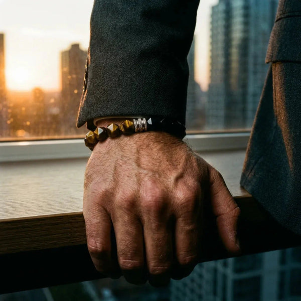 Tiger eye and obsidian bracelet styled on a man's wrist at sunset for grounding and courage