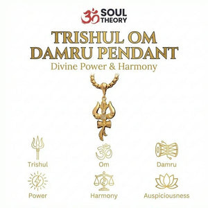 Trishul Om Damru pendant infographic showing power, harmony and auspiciousness of Lord Shiva symbols