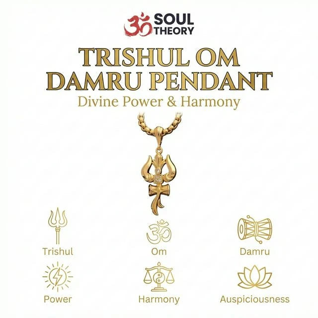 Golden Trishul Om and Damru pendant with chain for divine power and protection - Soultheory India