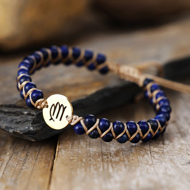Virgo zodiac lapis lazuli stone bracelet with gold sign charm for focus and clarity - Soultheory India