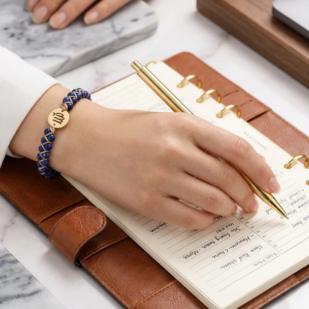 Virgo zodiac lapis lazuli stone bracelet with gold sign charm for focus and clarity - Soultheory India