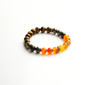 Flat lay of wealth bracelet with tiger eye, pyrite, carnelian and citrine beads on white