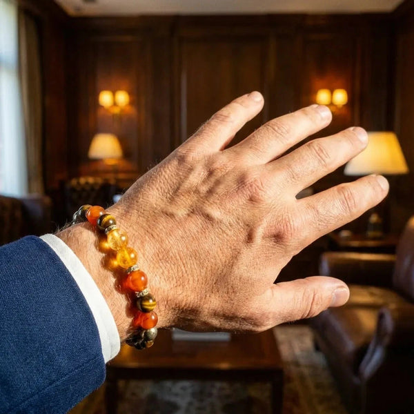 Man wearing wealth stone bracelet in a study, tiger eye and carnelian beads on wrist