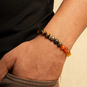 Wealth stone bracelet worn on wrist with tiger eye, pyrite and red carnelian beads
