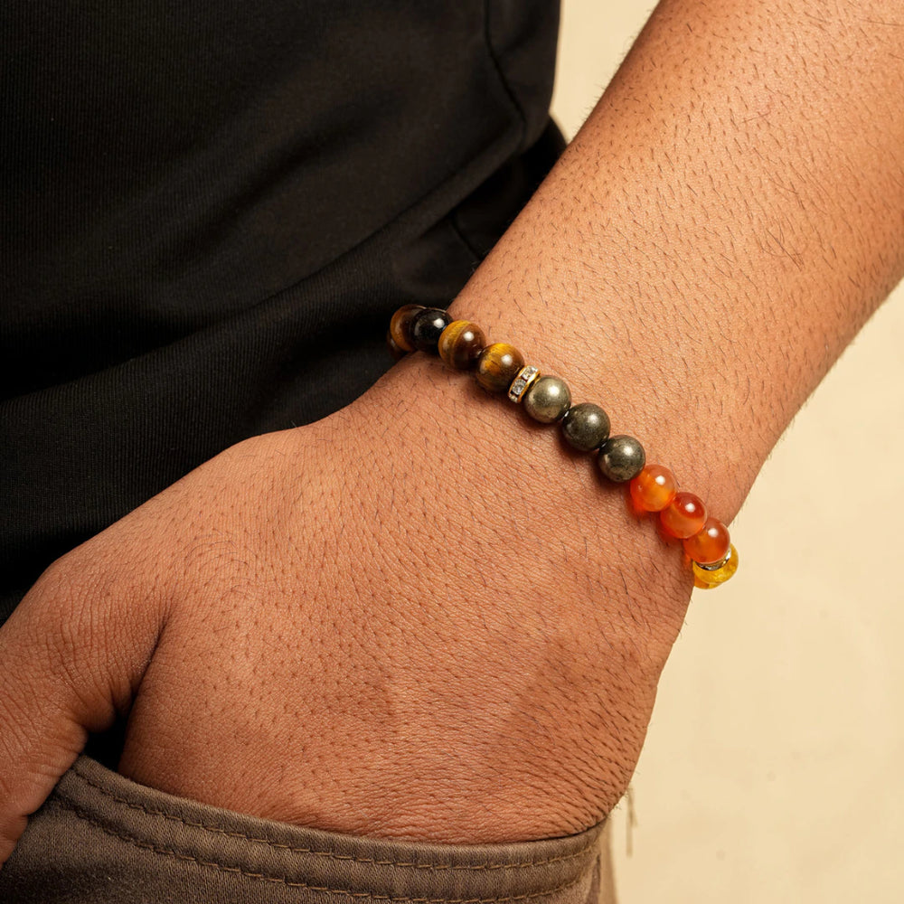 Wealth bracelet with tiger eye, citrine, pyrite and red carnelian beads for abundance - Soultheory India