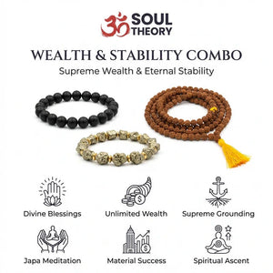 Wealth and stability combo benefits chart with rudraksha mala, money magnet and karungali bracelets