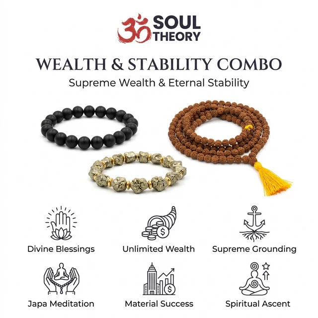 Rudraksha japa mala, money magnet bracelet and karungali wood bracelet wealth combo - Soultheory India