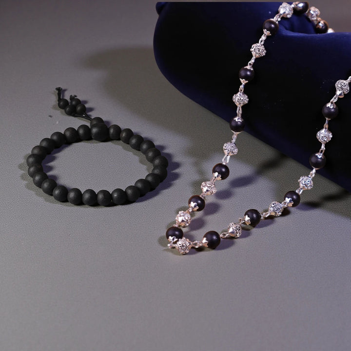Karungali Ebony Wood Bracelet x Karungali OM Silver Cap Malai Combo - Soultheory certified