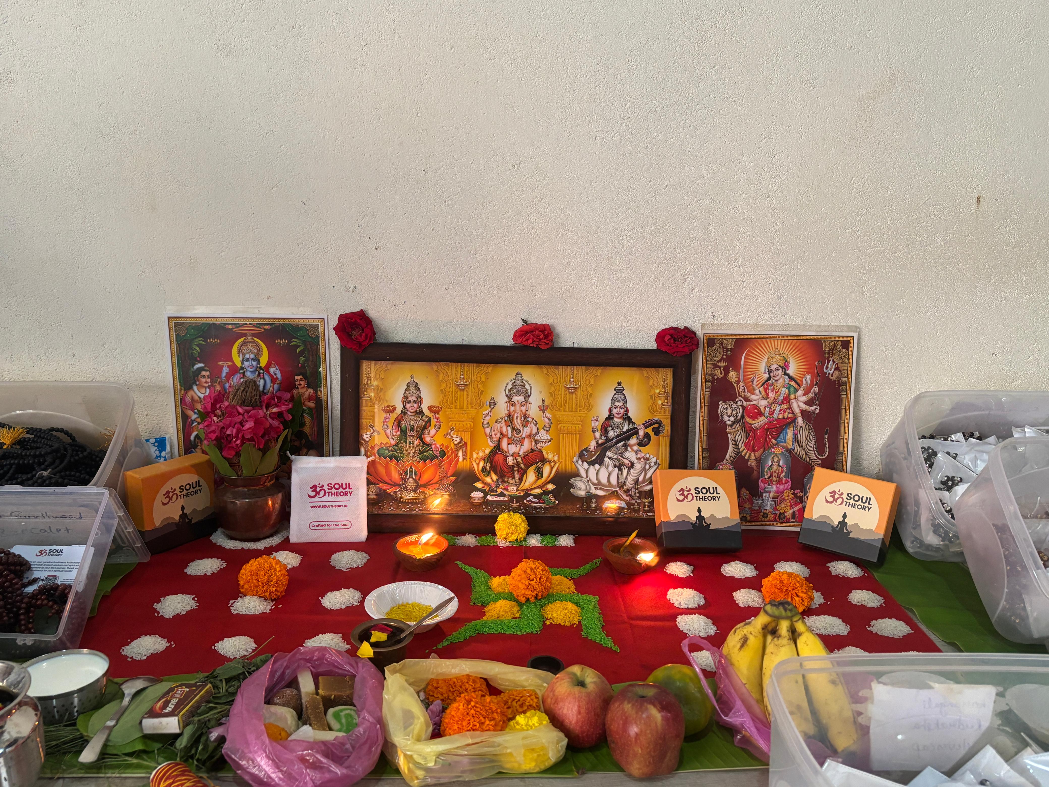 Soultheory March 2026 Siddhi Pran Pratishtha altar with diyas, flowers, fruits and deities